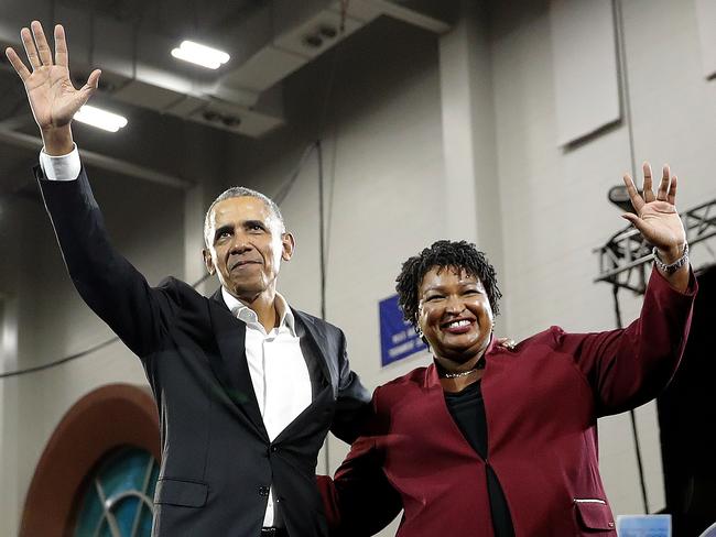 Former President Barack Obama and Democratic candidate for Georgia Governor Stacey Abrams on the hustings. Picture: AP/John Bazemore