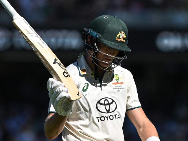 Australia's Marnus Labuschagne leaves the field after being dismissed on the second day of the second Test cricket match between Australia and India at the Adelaide Oval in Adelaide on December 7, 2024. (Photo by Michael ERREY / AFP) / -- IMAGE RESTRICTED TO EDITORIAL USE - STRICTLY NO COMMERCIAL USE --