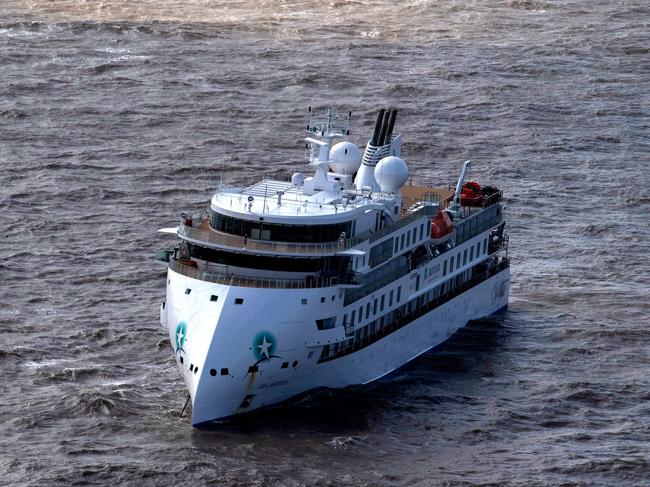 Aerial view of Australian cruise ship Greg Mortimer off the port of Montevideo. Picture: AFP