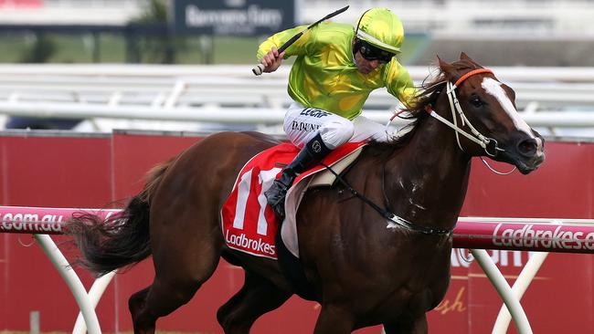 Dwayne Dunn rides Sprightly Lass to victory in race 7, the Ladbrokes Bel Esprit Stakes, during Caulfield Owners and Breeders Race Day at Caulfield Racecourse in Melbourne, Saturday, April 21, 2018. (AAP Image/George Salpigtidis) NO ARCHIVING, EDITORIAL USE ONLY