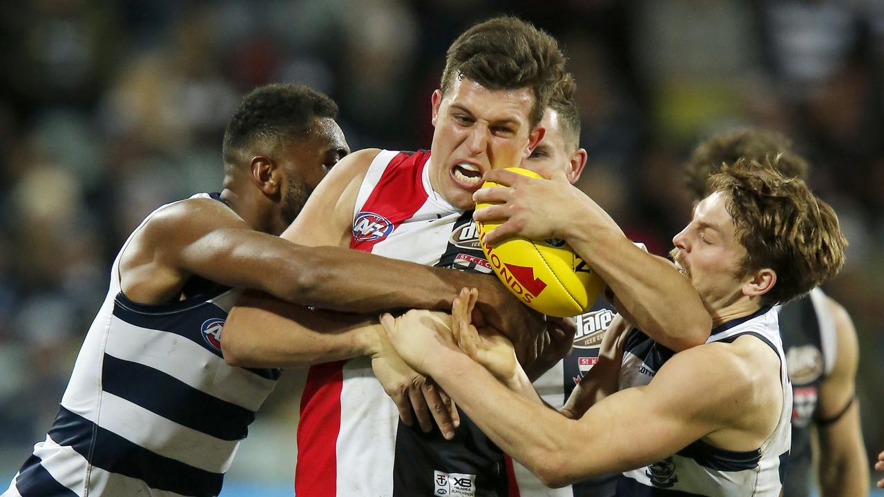 Over 160 tackles were applied during the clash between Rowan Marshall’s St Kilda and Geelong.