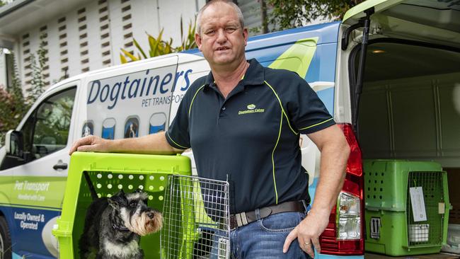 Pets on Planes - Archie the mini Schnauzer at home in a “Dogtainer” - a pet transport business run by Darren Alcorn. Picture: Brian Cassey