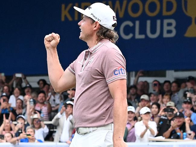 BRISBANE, AUSTRALIA - NOVEMBER 27: Cameron Smith of Australia celebrates victory after the 18th hole during Day 4 of the 2022 Australian PGA Championship at the Royal Queensland Golf Club on November 27, 2022 in Brisbane, Australia. (Photo by Bradley Kanaris/Getty Images)