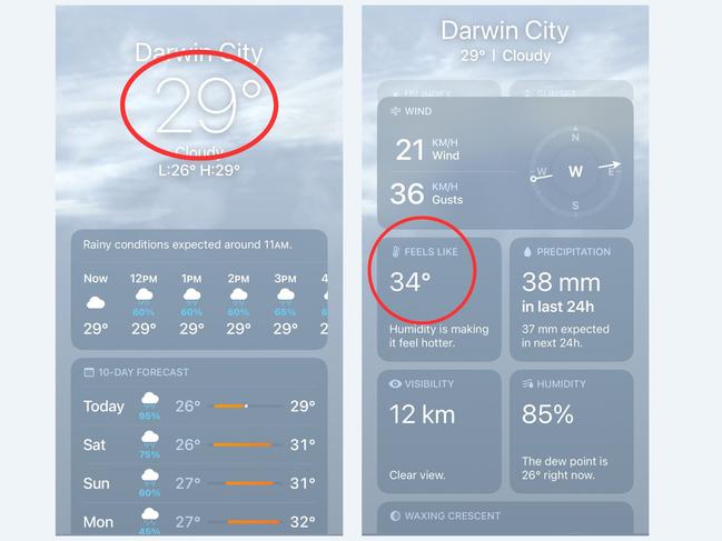 An example the actual and "feels like" or apparent temperature in Darwin through the Apple weather app.