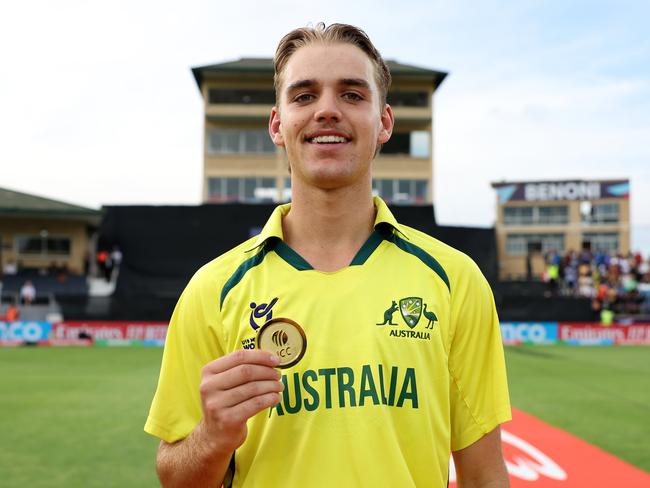 BENONI, SOUTH AFRICA - FEBRUARY 11: Mahli Beardman of Australia poses for a photograph with the Player of the Match award after the ICC U19 Men's Cricket World Cup South Africa 2024 Final between India and Australia at Willowmoore Park on February 11, 2024 in Benoni, South Africa. (Photo by Matthew Lewis-ICC/ICC via Getty Images)