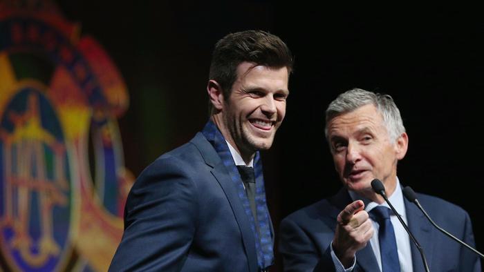 MELBOURNE, AUSTRALIA - DECEMBER 13:  Trent Cotchin of the Richmond Tigers speaks on stage during the 2012 Brownlow Medal presentation on December 13, 2016 in Melbourne, Australia.  (Photo by Michael Dodge/Getty Images)