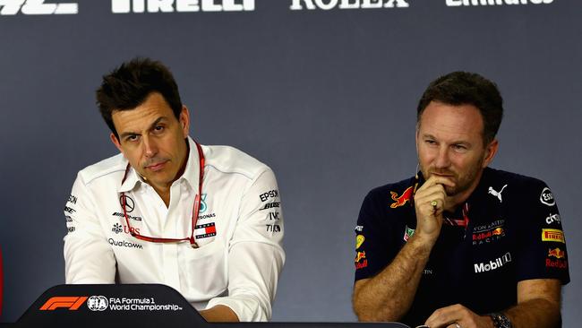 MELBOURNE, AUSTRALIA - MARCH 23: Ferrari Team Principal Maurizio Arrivabene, Mercedes GP Executive Director Toto Wolff and Red Bull Racing Team Principal Christian Horner in the Team Principals Press Conference during practice for the Australian Formula One Grand Prix at Albert Park on March 23, 2018 in Melbourne, Australia. (Photo by Mark Thompson/Getty Images)