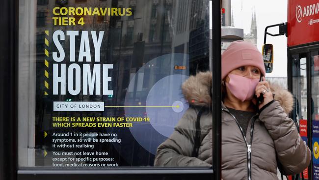 A Stay Home campaign cautions Londoners about a new Covid-19 virus strain. Picture: AFP