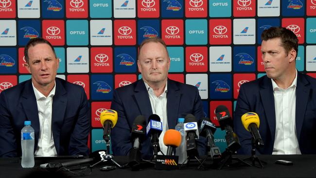 ADELAIDE, AUSTRALIA - SEPTEMBER 12: Don Pyke, Crows chairman Rob Chapman and Crows CEO Andrew Fagan speak to the media during an Adelaide Crows AFL press conference at West Lakes on September 12, 2019 in Adelaide, Australia. Adelaide coach Don Pyke stepped down earlier today in the midst of the Adelaide Crows end of season review. (Photo by Mark Brake/Getty Images)