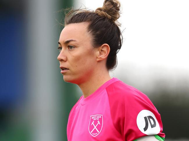 LIVERPOOL, ENGLAND - FEBRUARY 18: Mackenzie Arnold of West Ham United looks on during the Barclays Women's Super League match between Everton FC and West Ham United at Walton Hall Park on February 18, 2024 in Liverpool, England. (Photo by Gary Oakley/Getty Images)