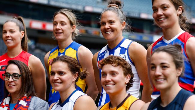 Emma Kearney, second from right in back row, at the 2023 AFLW Captains Day at Marvel Stadium.