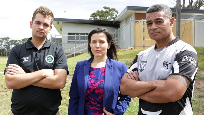 Bankstown Dragons Football Club president Andrew Powell and Bass Hill Broncos president Matavai Kaivaha with Bankstown MP Tania Mihailuk (middle) at the burnt out clubhouse. Photo: Tim Clapin.