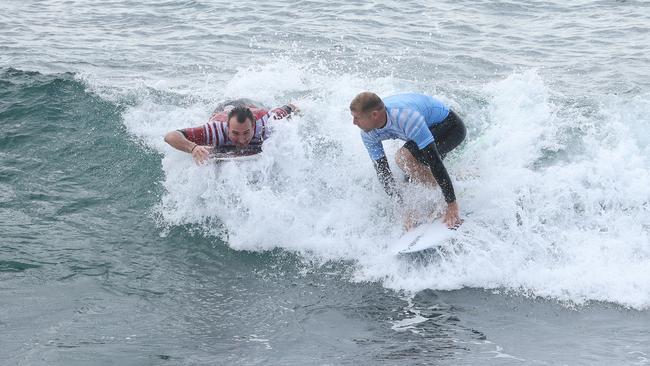 Mick Fanning and Joel Parkinson at the Surf of Origin at Burleigh Beach. Picture: Annette Dew