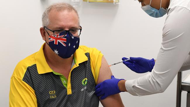 Scott Morrison receives his jab in Sydney on Sunday. Picture: AAP