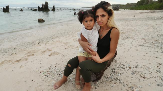 Iranian refugee Sahar, 28, with her daughter Melanie, 3 (not their real names), on Nauru. Sahar has two children, both born on the tiny island, since being detained after arriving with her husband on Christmas Island in 2013. Picture: Lyndon Mechielsen