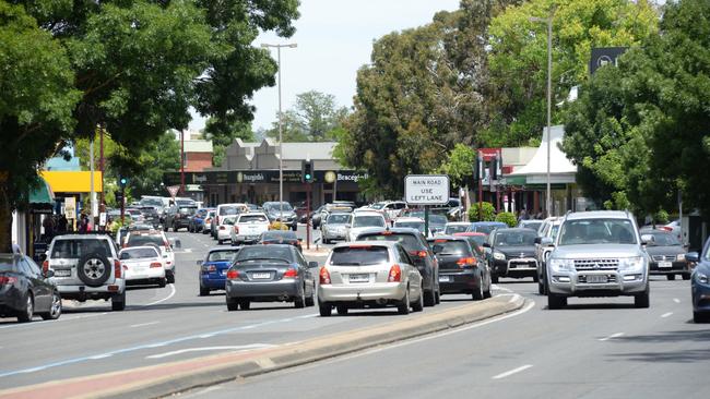 Gridlock in Blackwood’s main street, as cars queue on to the road at Belair Hotel. Picture: Ben Brennan