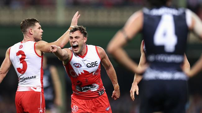 SYDNEY, AUSTRALIA - MAY 17: Will Hayward of the Swans celebrates kicking a goal during the round 10 AFL match between Sydney Swans and Carlton Blues at SCG, on May 17, 2024, in Sydney, Australia. (Photo by Cameron Spencer/Getty Images)