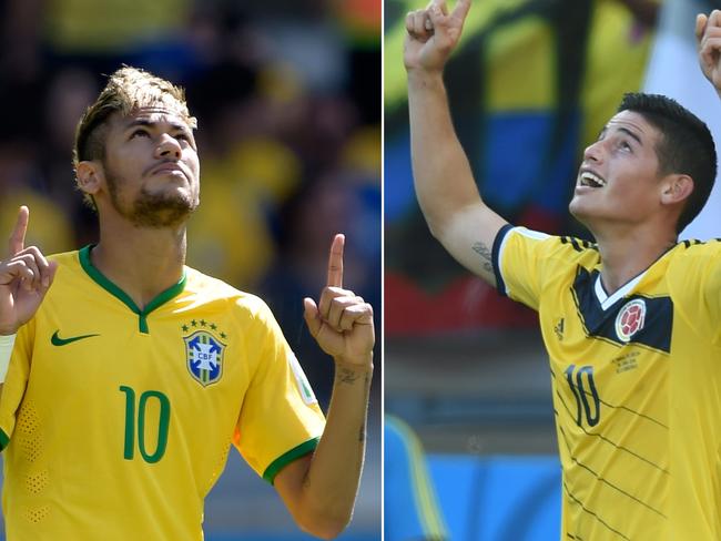 (FILES) This combination of photographs created on June 30, 2014, shows Brazil's forward Neymar (L) as he gestures during the Round of 16 football match between Brazil and Chile at The Mineirao Stadium in Belo Horizonte on June 28, 2014 and Colombia's midfielder James Rodriguez (R) gestures as he celebrates after scoring his team's third goal during a group C football match between Colombia and Greece at the Mineirao Arena in Belo Horizonte on June 14, 2014. Brazil will face Colombia on July 4, 2014, in a quarter-final match of the 2014 FIFA World Cup at The Castelao Stadium in Fortaleza. AFP PHOTO / JUAN MABROMATA/PEDRO UGARTE/FILES