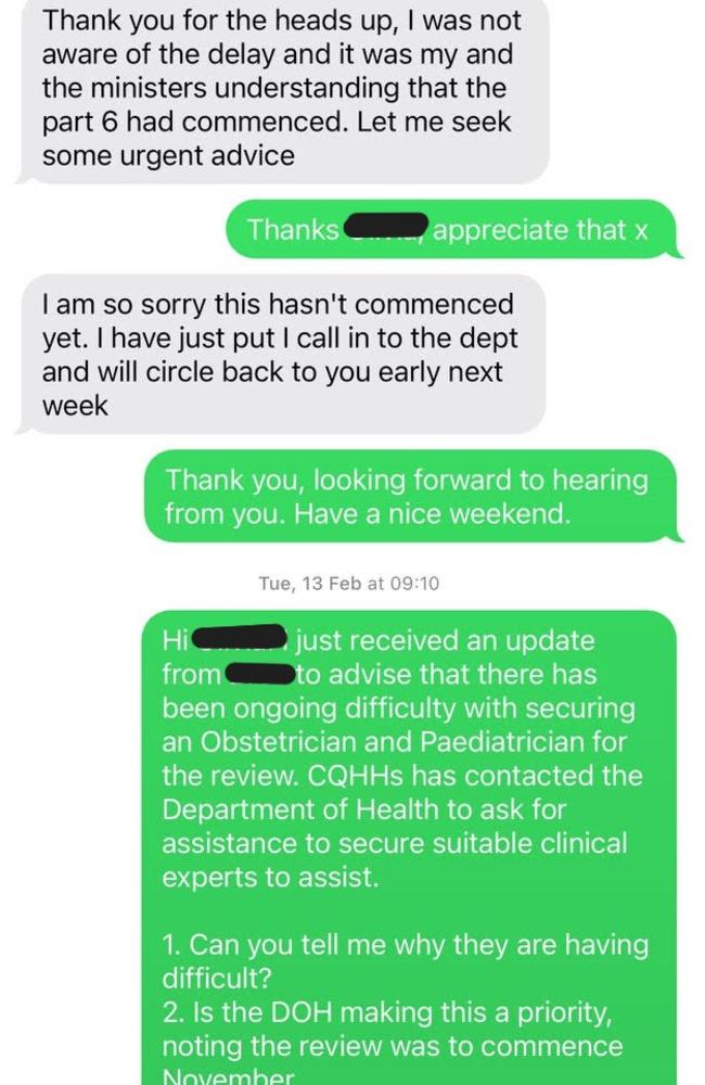 An example of text messages exchanged between Health Minister Shannon Fentiman's office and Rebecca Spreadborough