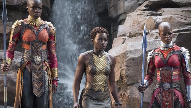 Scene from Marvel Studios' film BLACK PANTHER L to R: Okoye (Danai Gurira), Nakia (Lupita Nyong'o) and Ayo (Florence Kasumba). Photo: Matt Kennedy. ©Marvel Studios 2018