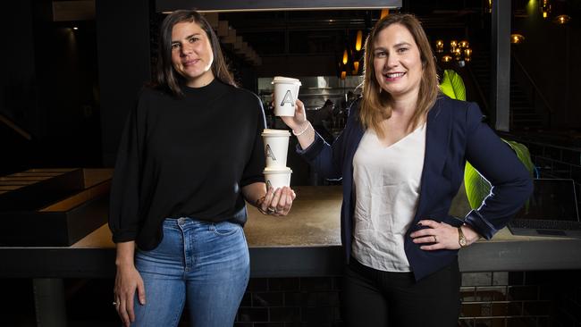 St Albi Bar and Eatery owner Lucy Baker and Glenorchy Mayor Kristie Johnston. Picture: LUKE BOWDEN