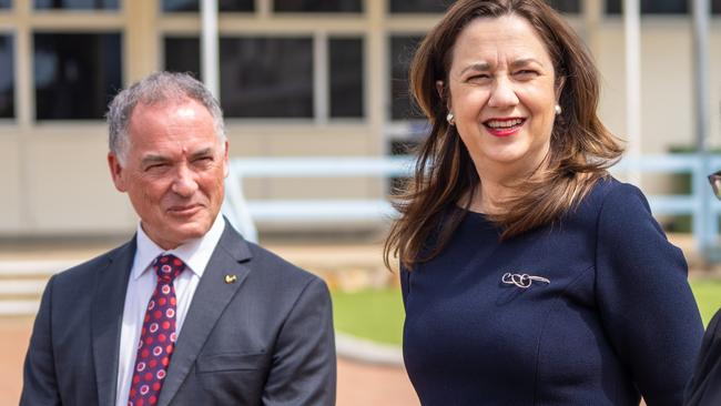 Hervey Bay MP Adrian Tantari with the Premier during her visit to a local school. Pic Cody Fox