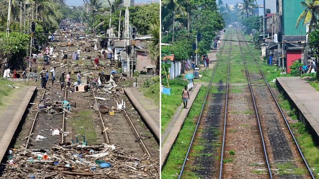 People looking at debris caused by damage from the tsunami strewn on the coastal railway line in Lunawa on December 26, 2004 (L) and a view of the same railway track on December 1, 2024. On December 26, 2004. Picture: AFP