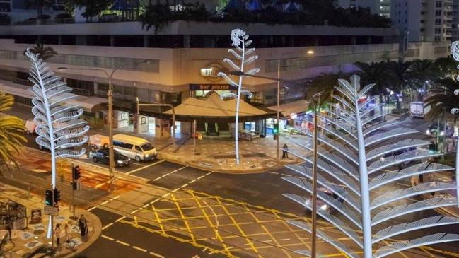 At artist impression of the stainless steel shield ferns, standing 11 metres tall in their original location on Surfers Paradise Blvd. Picture: Supplied