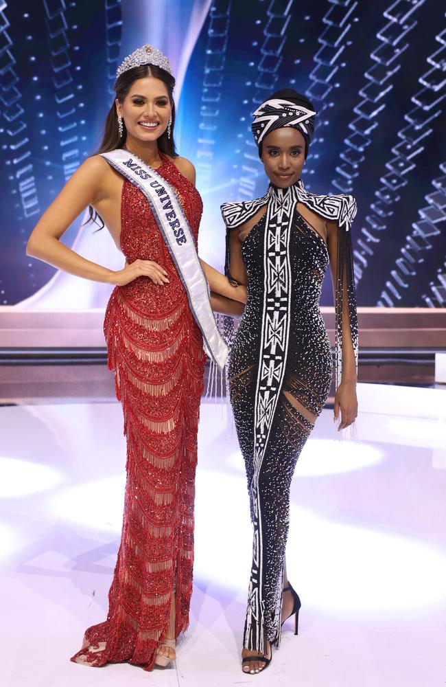 Miss Universe 2021 Andrea Mesa and Miss Universe 2019 Zozibini Tunzi. Picture: Getty