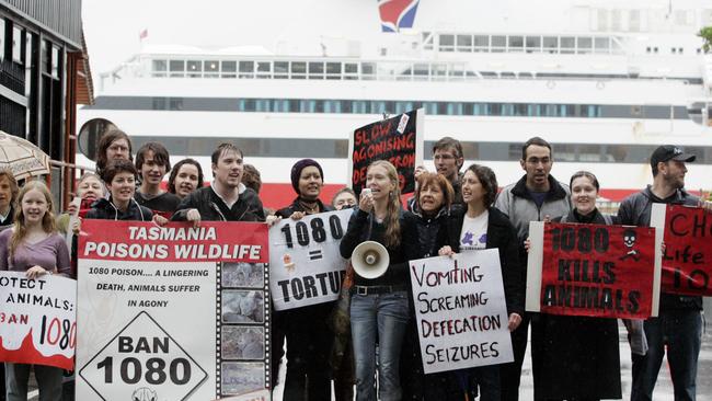 Animal Liberation activists protest against the Sprit of Tasmania's use of the poison 1080.