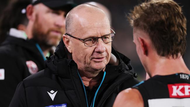 ADELAIDE, AUSTRALIA - APRIL 26: Ken Hinkley, Senior Coach of the Power during the 2024 AFL Round 07 match between the Port Adelaide Power and the St Kilda Saints at Adelaide Oval on April 26, 2024 in Adelaide, Australia. (Photo by James Elsby/AFL Photos via Getty Images)