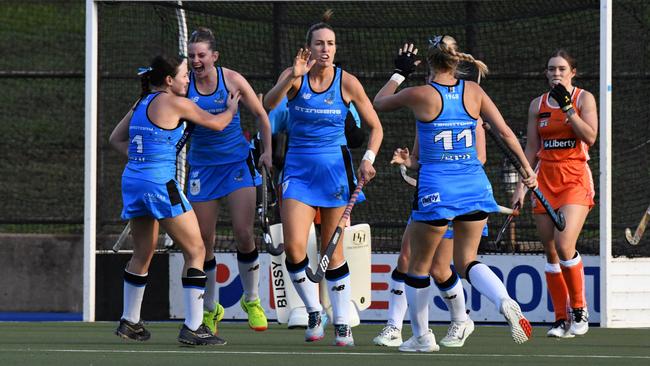 Territory Stingers women scoring a goal against Brisbane in the Festival of Hockey 2024. Picture: Hockey NT.