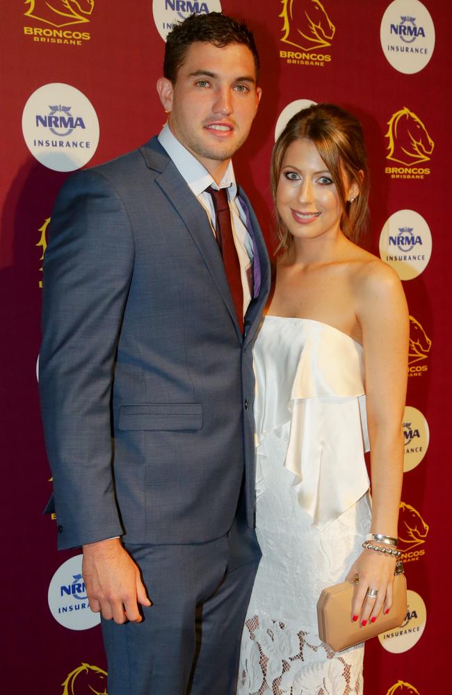 Corey Oates and wife Tegan Miles, who is daughter of Maroons selector Gene Miles. Picture: Mark Calleja