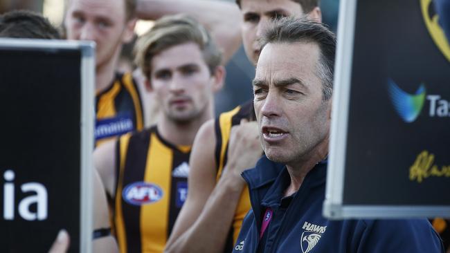 Hawks coach Alastair Clarkson tries to lift his troops at their Tasmanian home. Picture: AFL Photos/via Getty Images