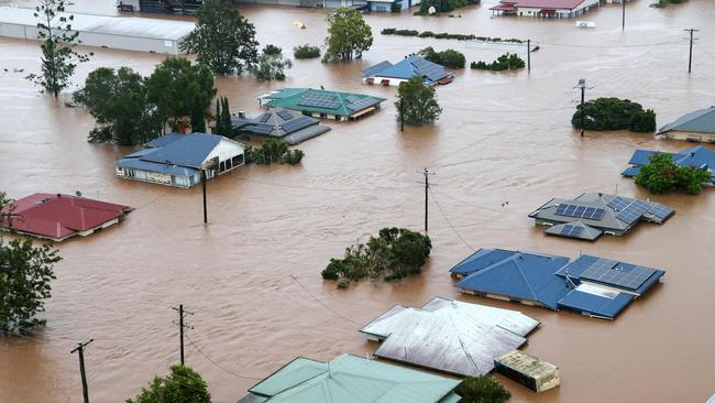 Flood waters engulfing Lismore homes on February 28, 2022. Picture: Bradley Richardson, ADF/AFP.