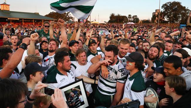 Warringah celebrate winning the 2017 Shute Shield title. Picture: AAP