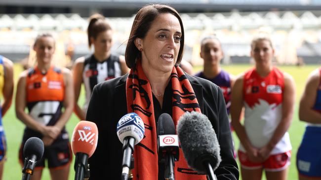 AFLW boss Nicole Livingstone speaks at the season launch. Picture: Michael Klein