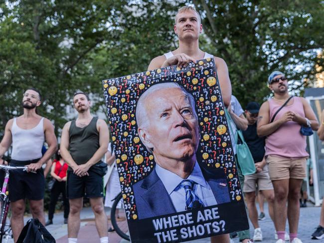 People protest during a rally calling for more government action to combat the spread of monkeypox. Picture: AFP