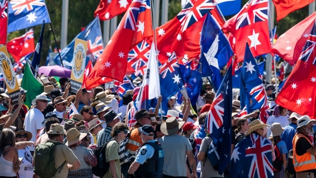 A sea of flags, placards and chants could be seen and heard throughout the day. Picture : NCA NewsWire / Martin Ollman