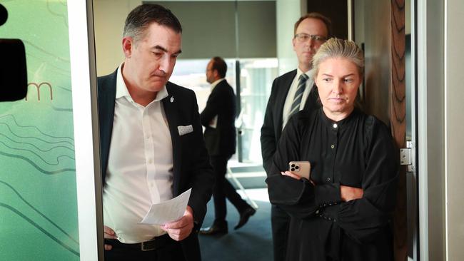 Virgin Australia CEO Paul Scurrah (left) and administrator Vaughan Strawbridge of Deloitte (right rear) with Corporate Affairs manager Danielle Keighery, before addressing media about the airline’s administration. Picture: John Feder