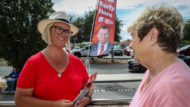 Labor candidate Hannah Beazley handing out how to vote cards in her electorate of Victoria Park. Picture: Colin Murty / The Australian