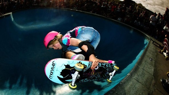 The young Poppy Starr Olsen in action at the Bondi Bowl. Picture credit: Dean Tirkott