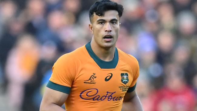 Australia's centre Joseph-Aukuso Suaalii looks on during the Autumn Nations Series International rugby union test match between Scotland and Australia at Murrayfield Stadium in Edinburgh on November 24, 2024. (Photo by ANDY BUCHANAN / AFP)