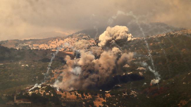 Smoke billows from an Israeli strike on the Jabal Al-Rehan area in southern Lebanon on Saturday. Picture: AFP