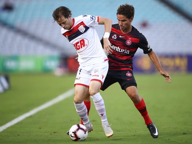 Craig Goodwin shone with a goal and an assist in Adelaide United’s A-League victory away to Western Sydney Wanderers. Picture: AAP Image/Brendon Thorne