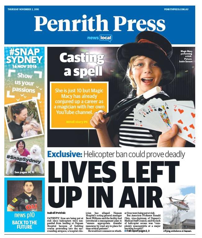 The <i>Penrith Press </i>front page about a ban on helicopters landing at the Nepean Hospital.