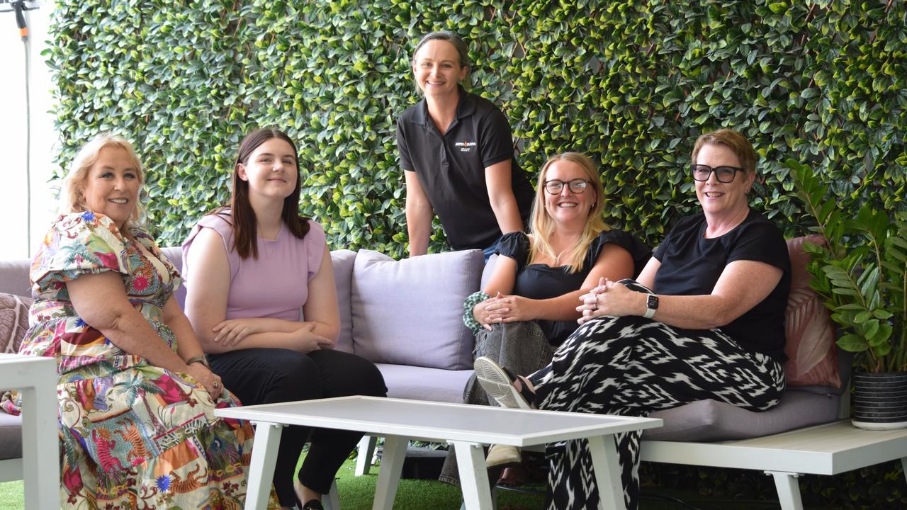 Social worker Chris Brabrook, allied health receptionist Atalaya Pashley, admin assistant Hannah Stirling, allied health receptionist Louise Tivendale, senior liaison officer Kylie Wilton, at Mates4Mates Townsville Centre for Veterans Health Week.