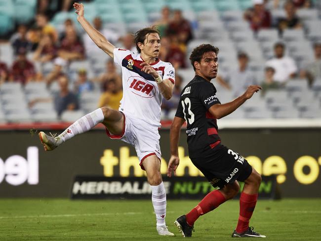 SYDNEY, AUSTRALIA - JANUARY 18: Craig Goodwin of Adelaide scores a goal during the round 14 A-League match between the Western Sydney Wanderers and Adelaide United at ANZ Stadium on January 18, 2019 in Sydney, Australia. (Photo by Brett Hemmings/Getty Images)