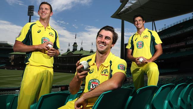 Pace trio (from left) Josh Hazlewood, Pat Cummins and Mitchell Starc. Picture: Brett Costello