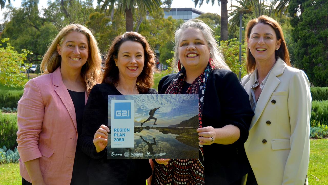 G21 chief executive Giulia Baggio with Surf Coast councillor Liz Pattison, Marsha Uppill from the group’s First Nations pillar and board chair Melissa Stephens.